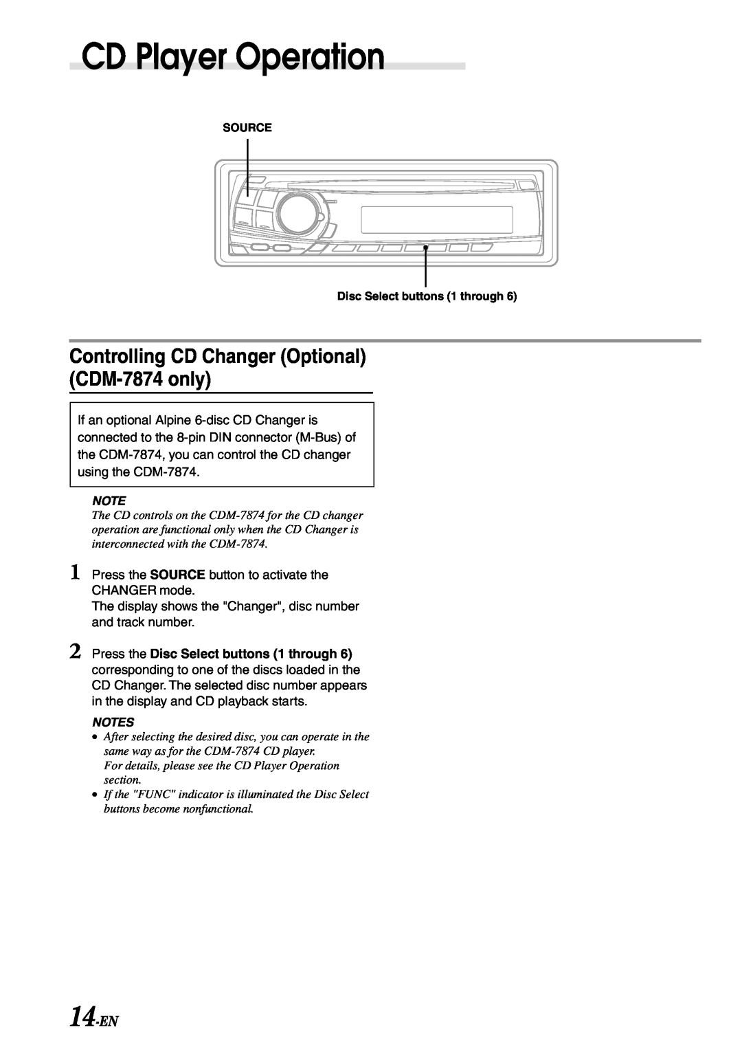 Alpine CDE-7870, CDE-7872 owner manual Controlling CD Changer Optional CDM-7874only, CD Player Operation, 14-EN 