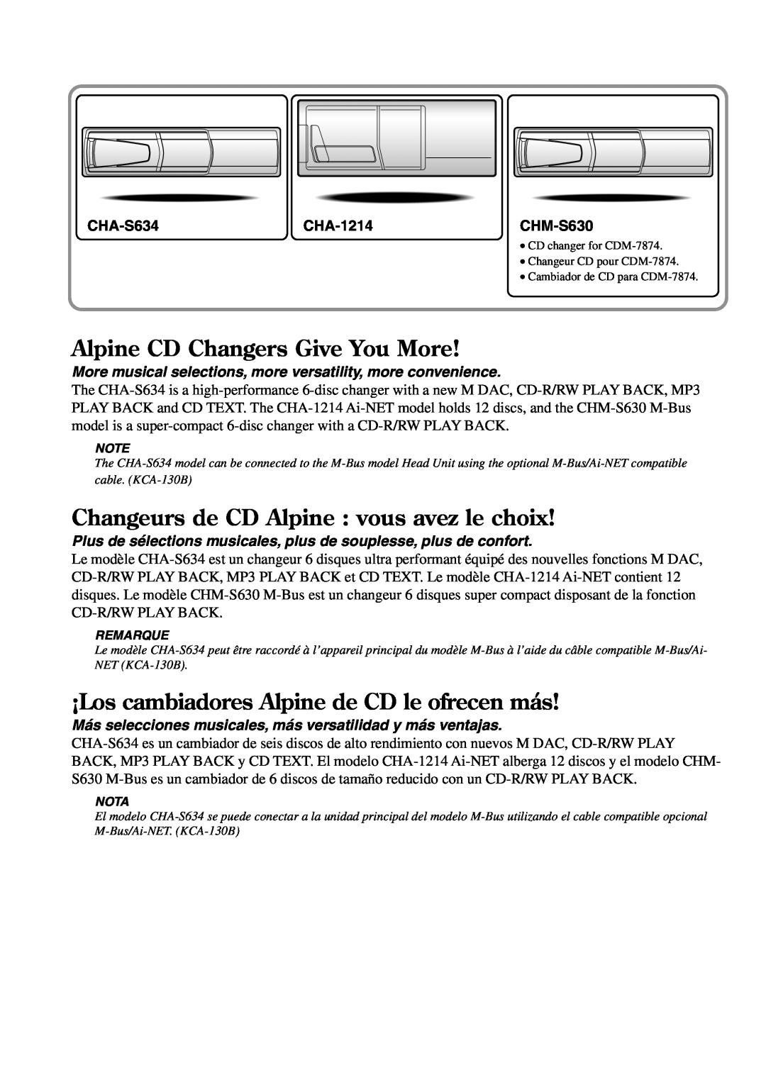 Alpine CDE-7872 Alpine CD Changers Give You More, Changeurs de CD Alpine vous avez le choix, CHA-S634CHA-1214CHM-S630 