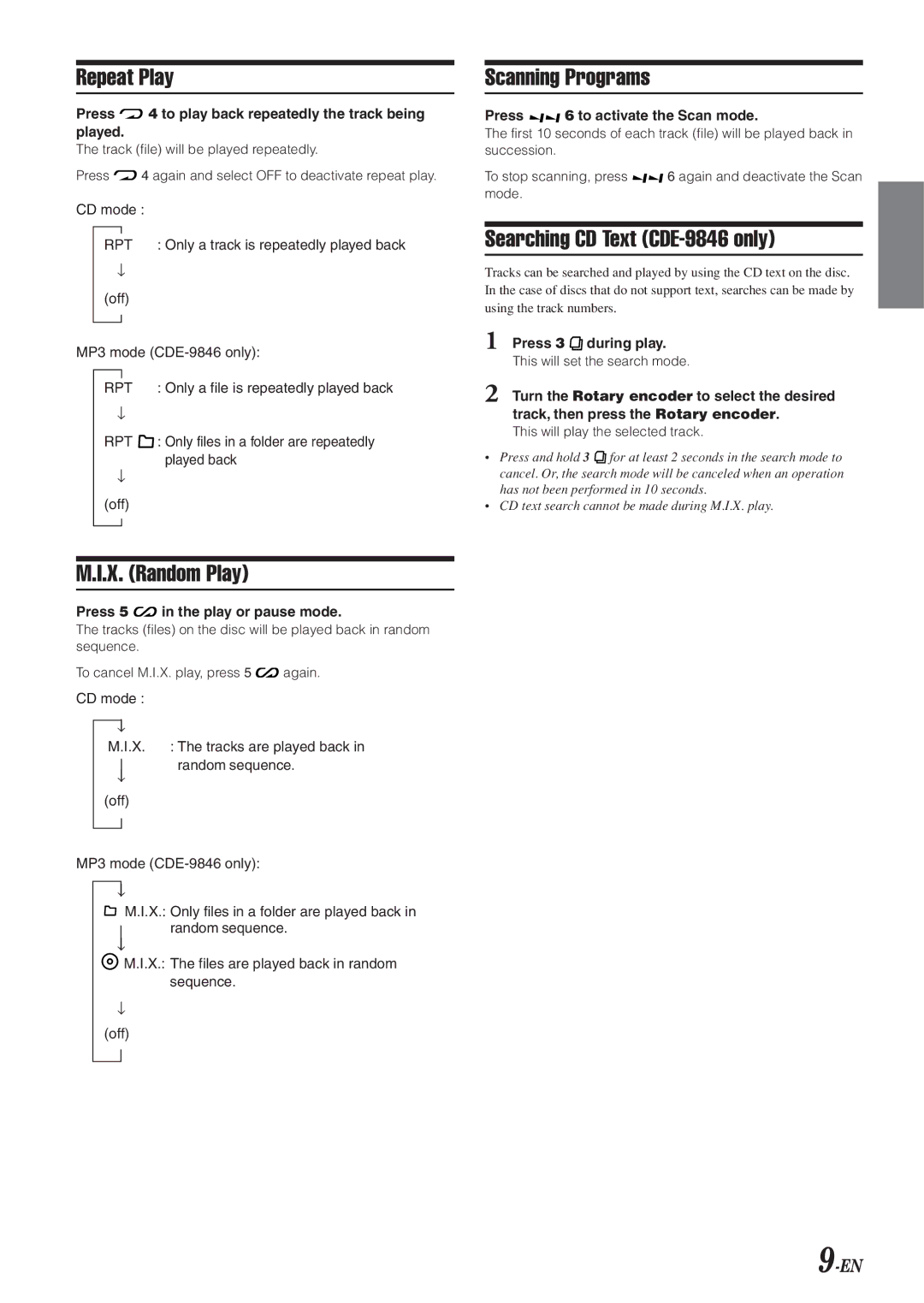 Alpine CDE-9842 owner manual Repeat Play, X. Random Play, Scanning Programs, Searching CD Text CDE-9846 only 