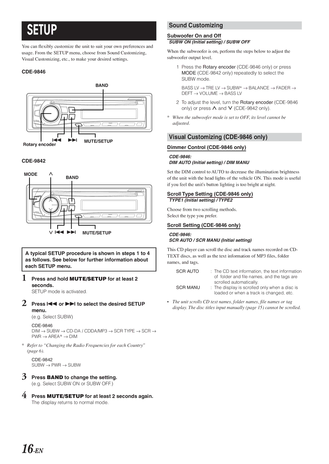 Alpine CDE-9842 owner manual Sound Customizing, Visual Customizing CDE-9846 only 