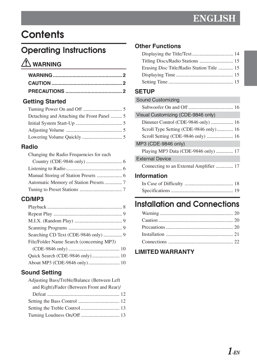 Alpine CDE-9842 owner manual Contents 