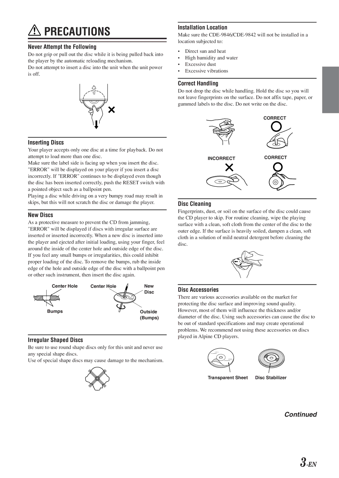 Alpine CDE-9842 owner manual Never Attempt the Following 