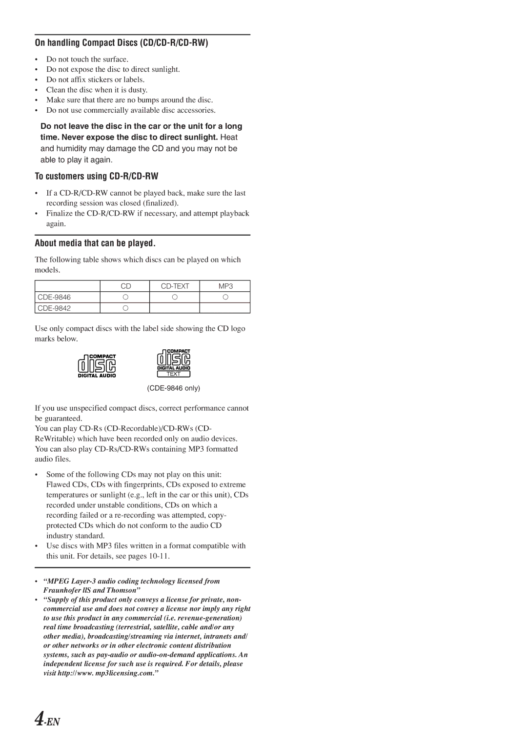 Alpine CDE-9842 owner manual On handling Compact Discs CD/CD-R/CD-RW 