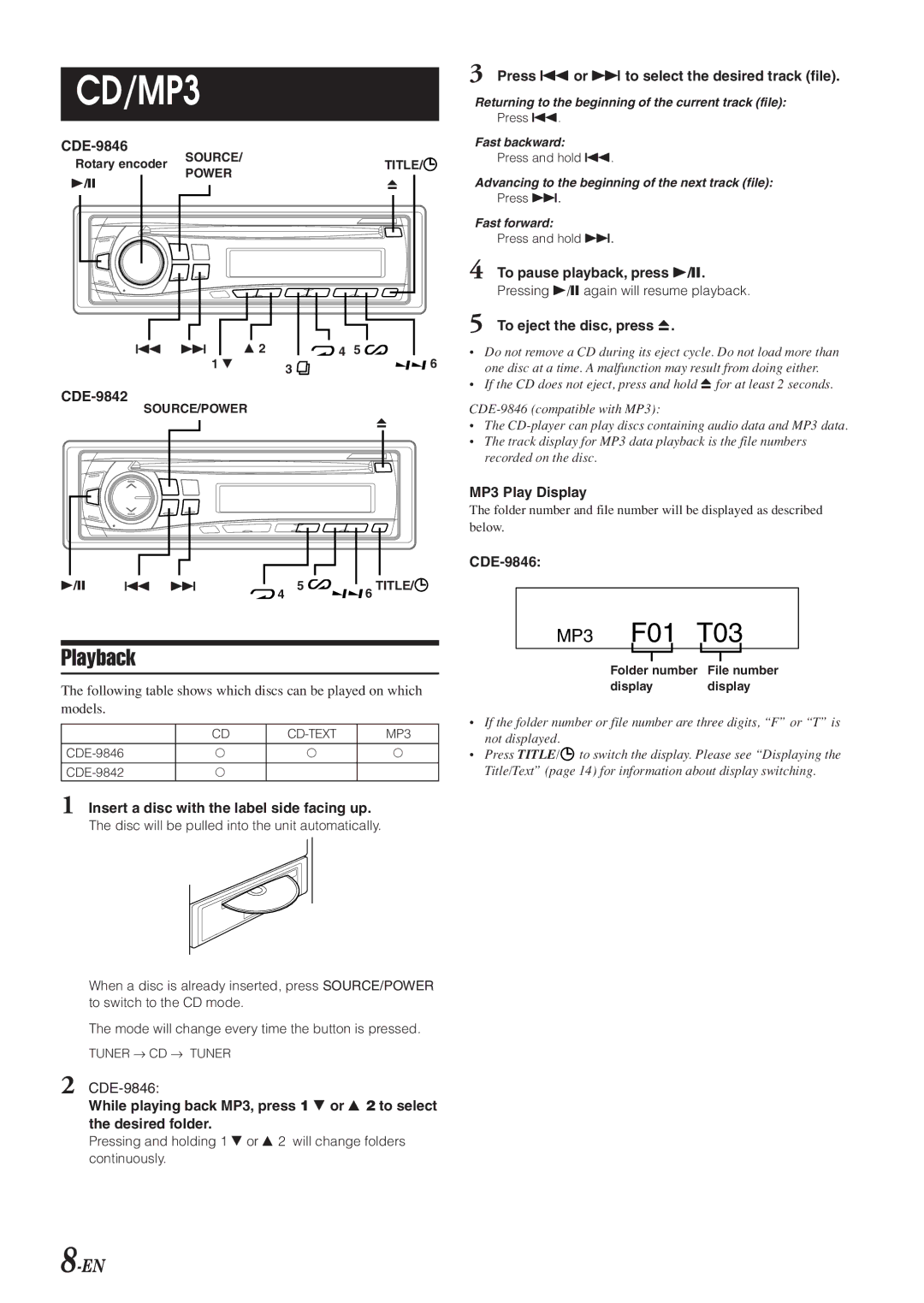 Alpine CDE-9842 Playback, Press g or f to select the desired track file, To eject the disc, press c, MP3 Play Display 