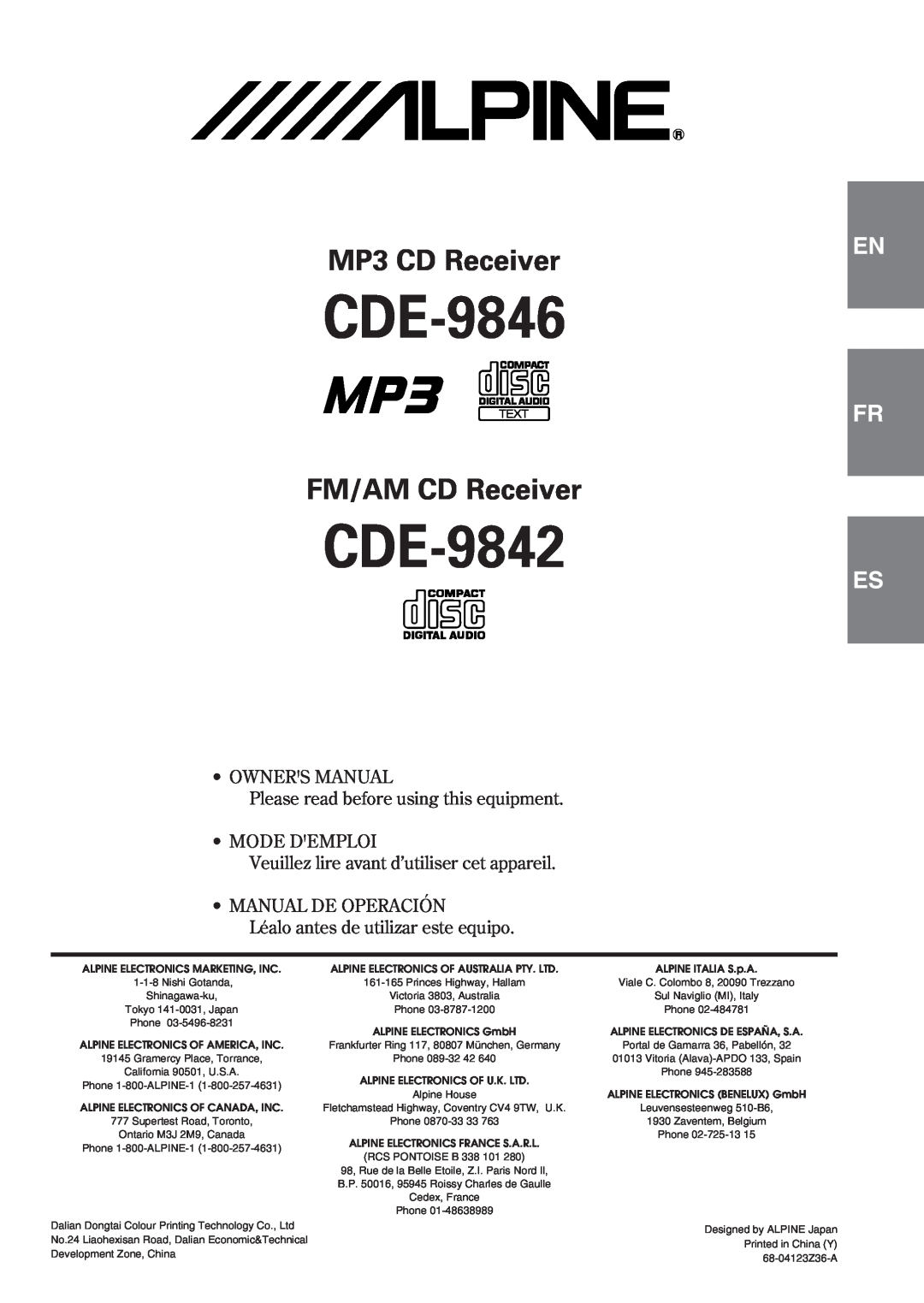 Alpine CDE-9842 owner manual CDE-9846, MP3 CD Receiver, FM/AM CD Receiver, En Fr, ALPINE ITALIA S.p.A 