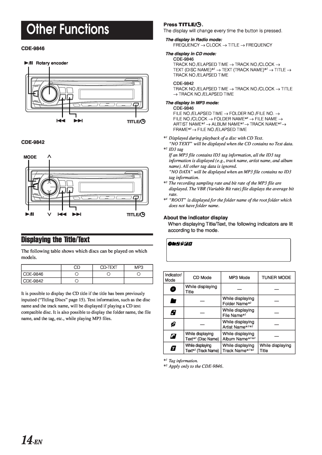 Alpine CDE-9842 owner manual Other Functions, Displaying the Title/Text, 14-EN 