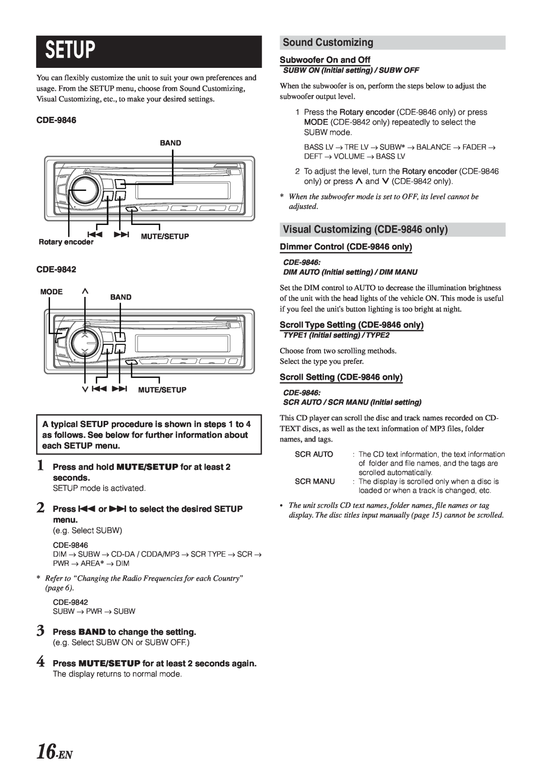 Alpine CDE-9842 owner manual Setup, Sound Customizing, Visual Customizing CDE-9846only, 16-EN 