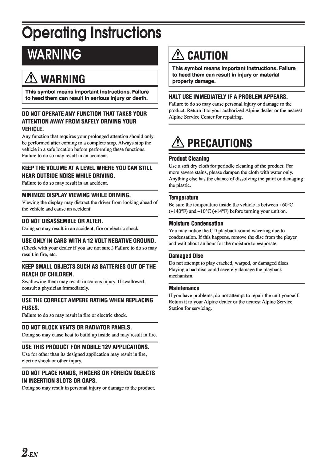 Alpine CDE-9842 owner manual Precautions, 2-EN, Operating Instructions 