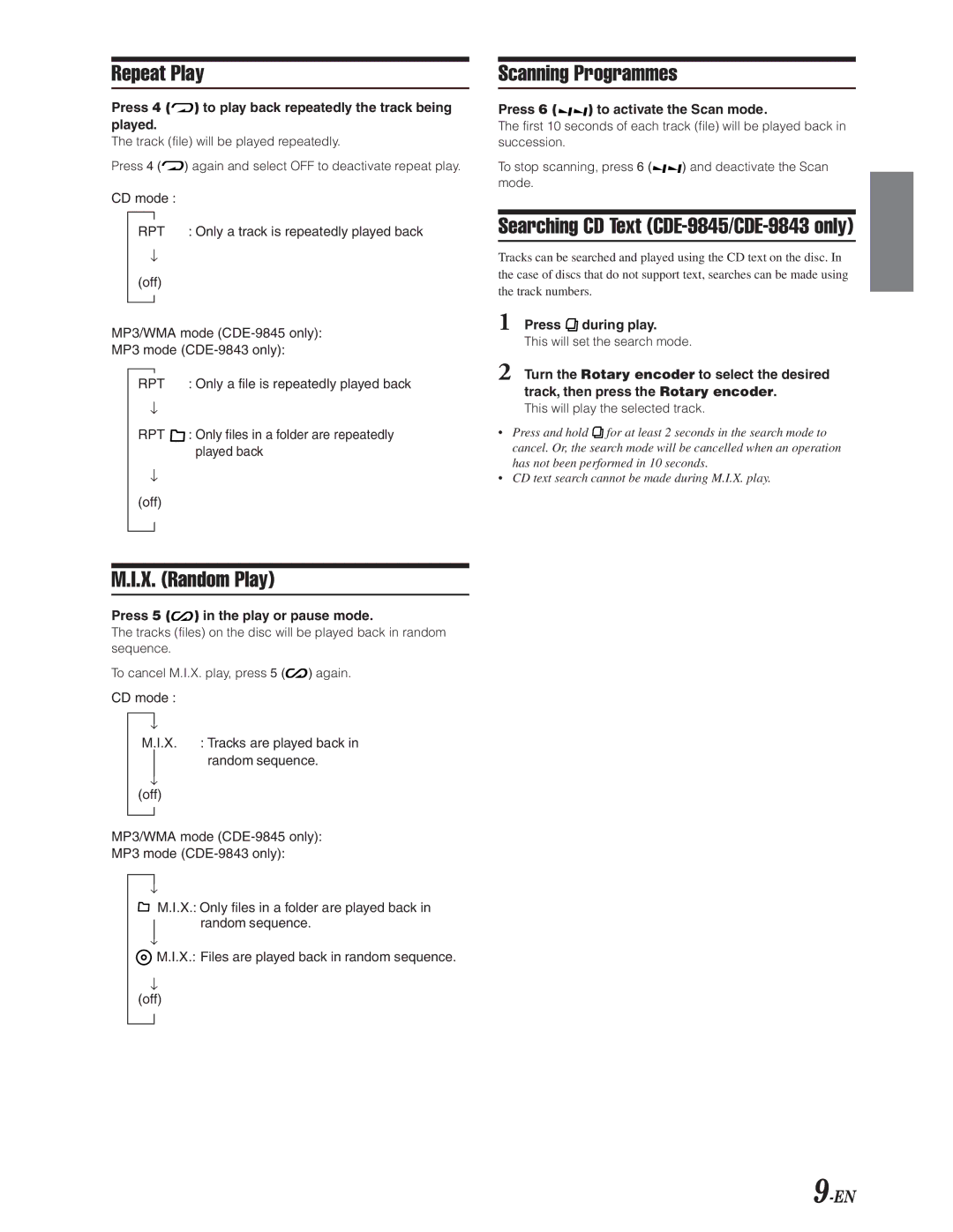 Alpine CDE-9841, CDE-9843, CDE-9845 owner manual Repeat Play, X. Random Play, Scanning Programmes 