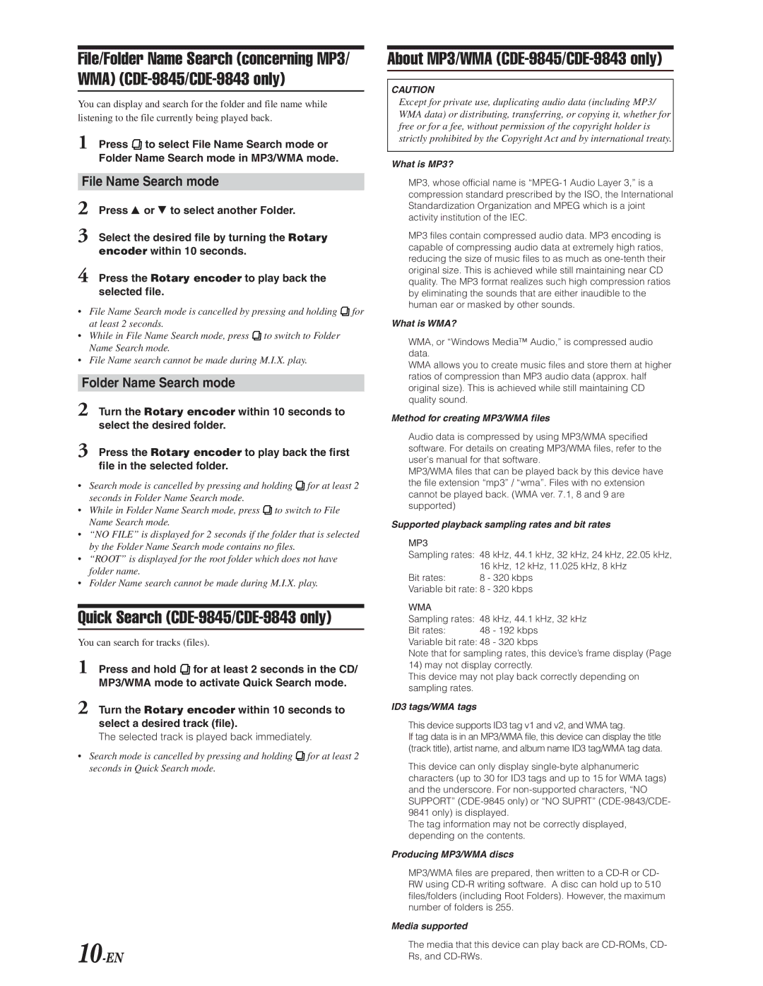 Alpine CDE-9841 owner manual About MP3/WMA CDE-9845/CDE-9843 only, File Name Search mode, Folder Name Search mode 