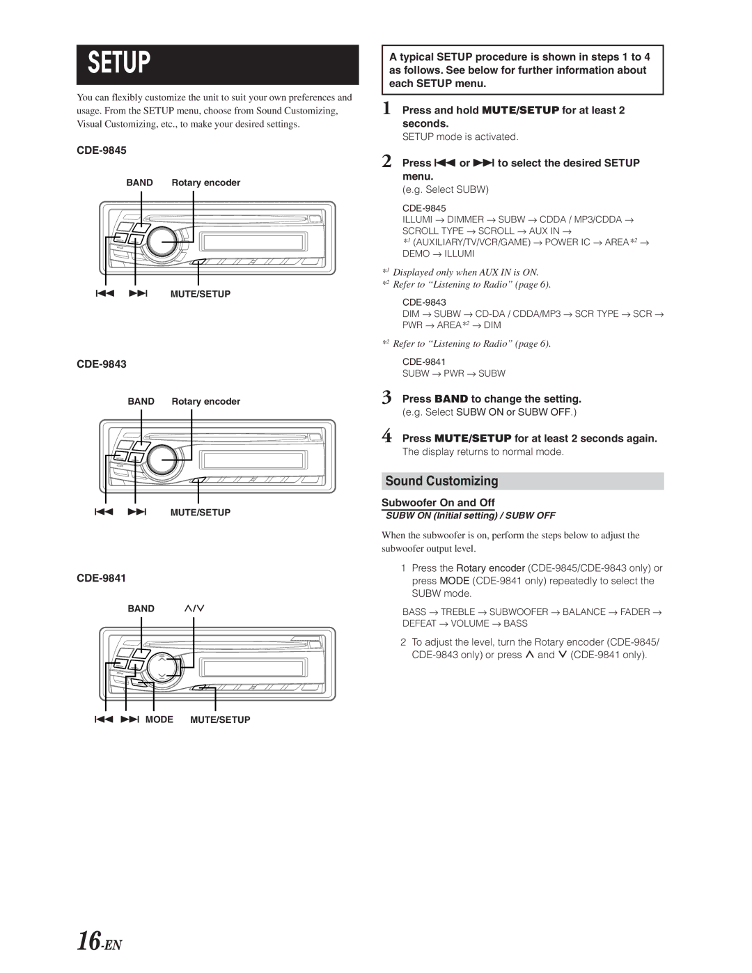 Alpine CDE-9845 Sound Customizing, Press g or f to select the desired Setup menu, Press Band to change the setting 