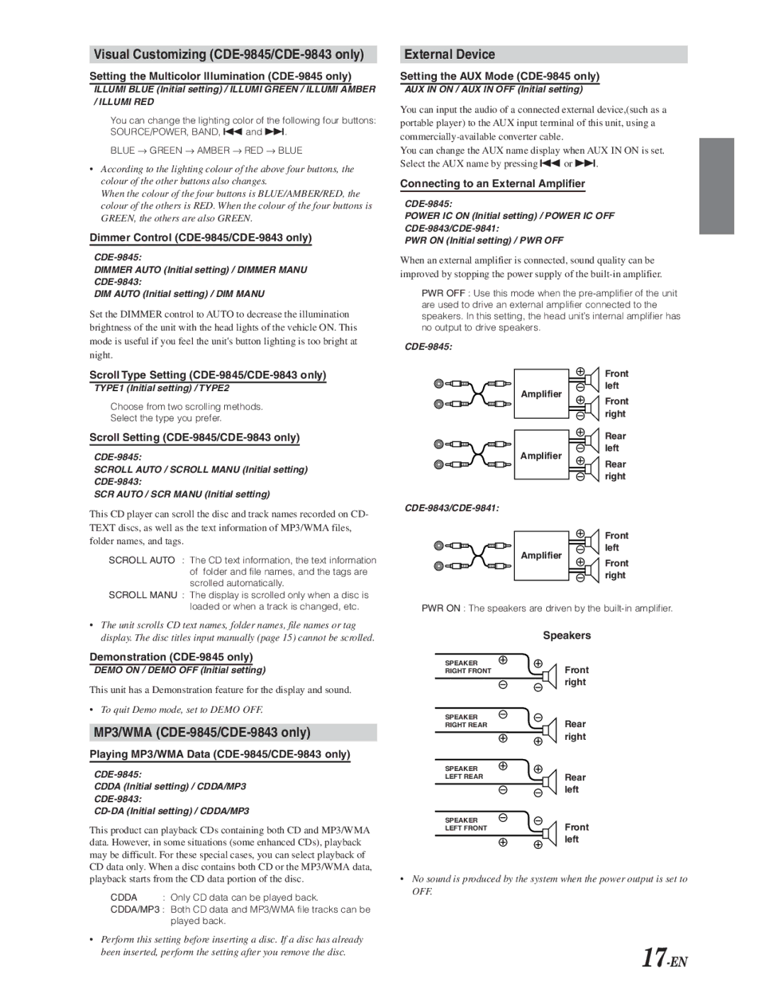 Alpine CDE-9841 owner manual Visual Customizing CDE-9845/CDE-9843 only, MP3/WMA CDE-9845/CDE-9843 only, External Device 