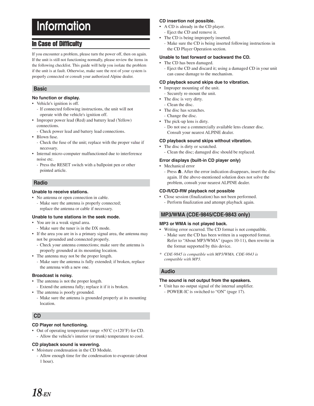 Alpine CDE-9841, CDE-9843, CDE-9845 owner manual Information, Case of Difficulty, Basic, Radio, Audio 