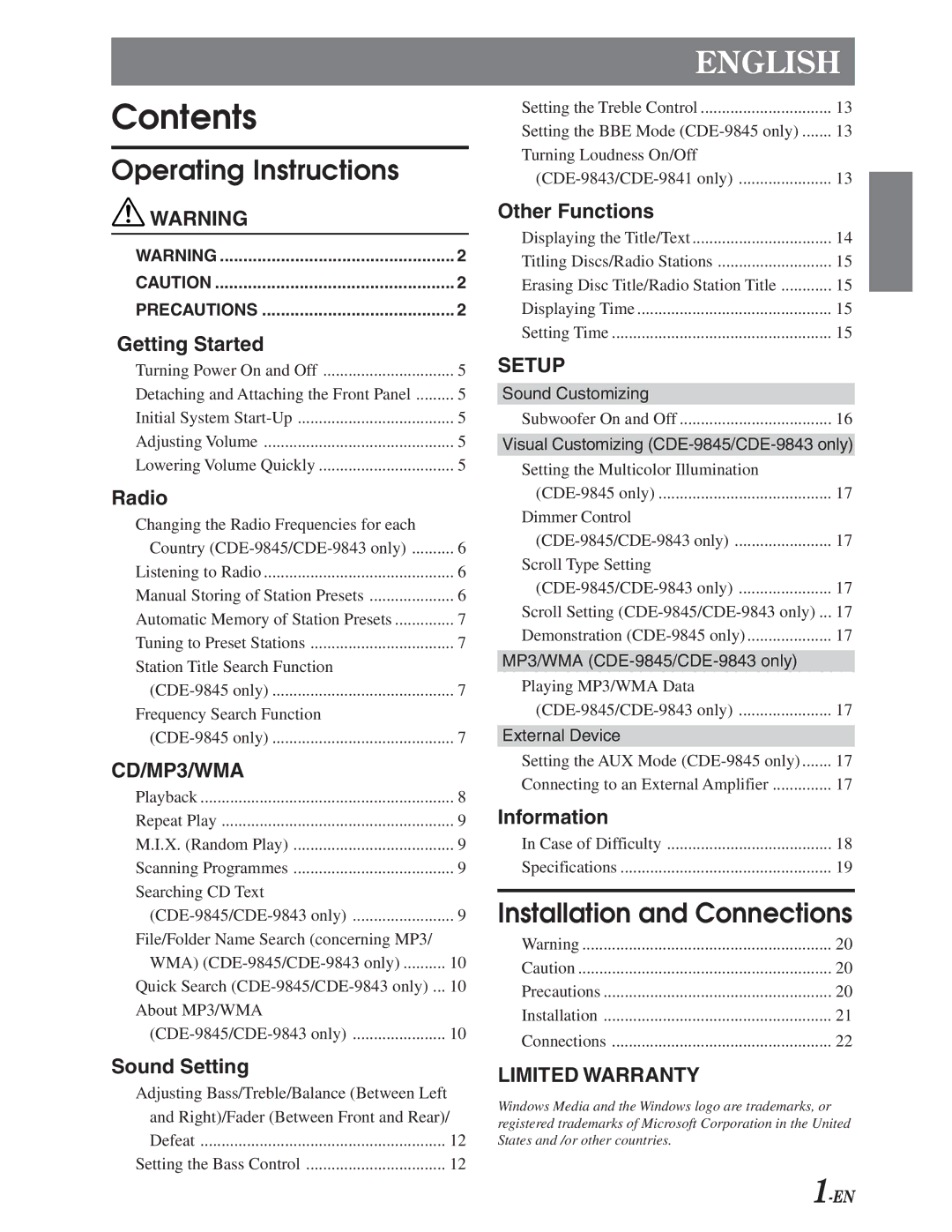 Alpine CDE-9845, CDE-9843, CDE-9841 owner manual Contents 