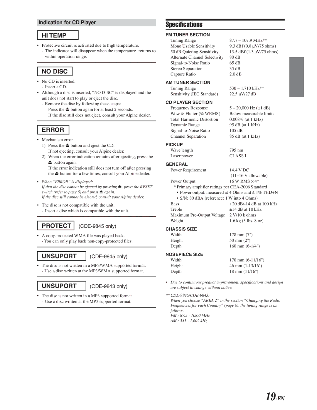 Alpine CDE-9845, CDE-9843, CDE-9841 owner manual Specifications, Indication for CD Player 