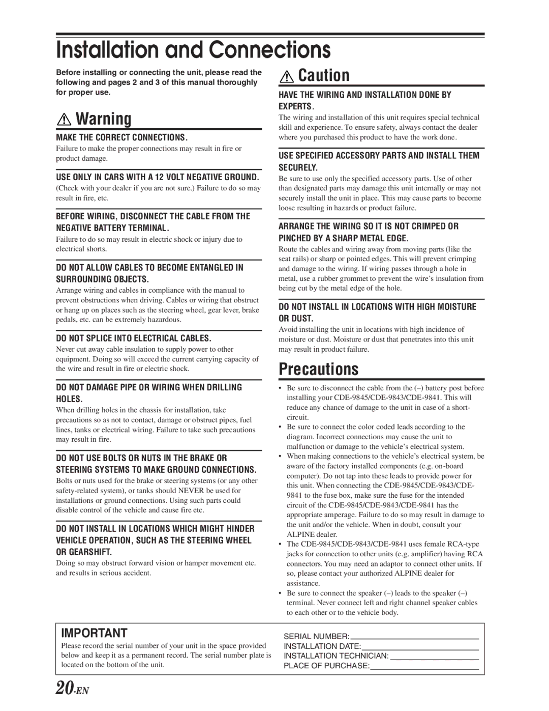 Alpine CDE-9843, CDE-9841, CDE-9845 owner manual Installation and Connections 