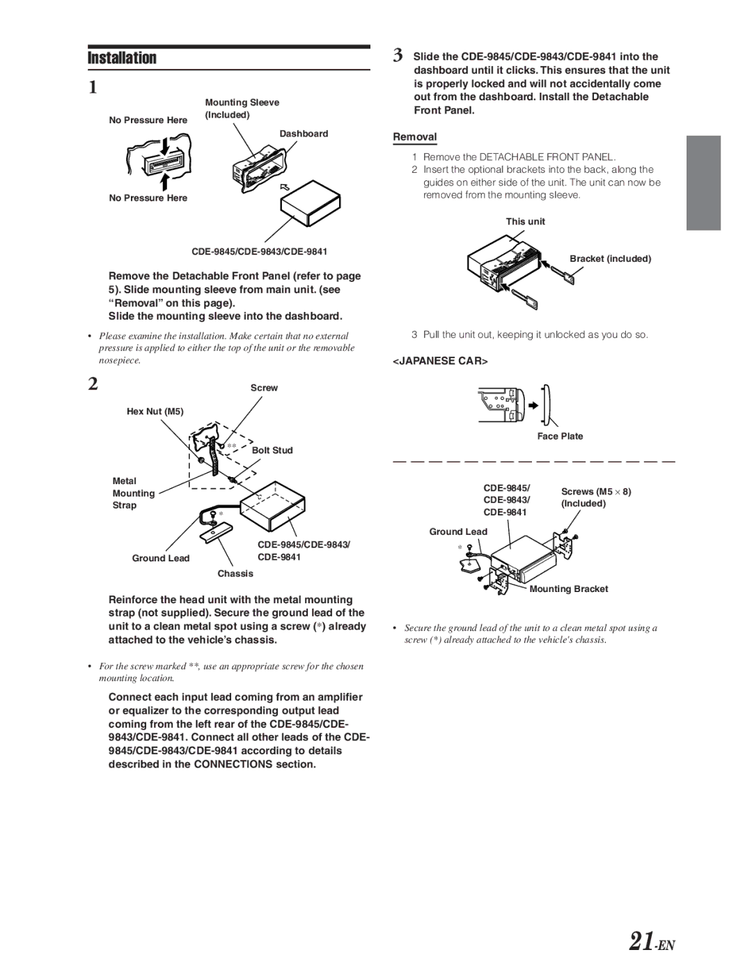 Alpine CDE-9841, CDE-9843, CDE-9845 owner manual Installation, Pull the unit out, keeping it unlocked as you do so 