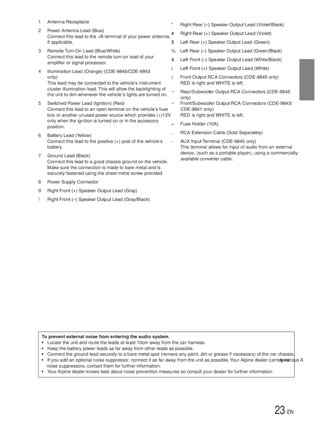 Alpine Illumination Lead Orange CDE-9845/CDE-9843 only, To prevent external noise from entering the audio system 