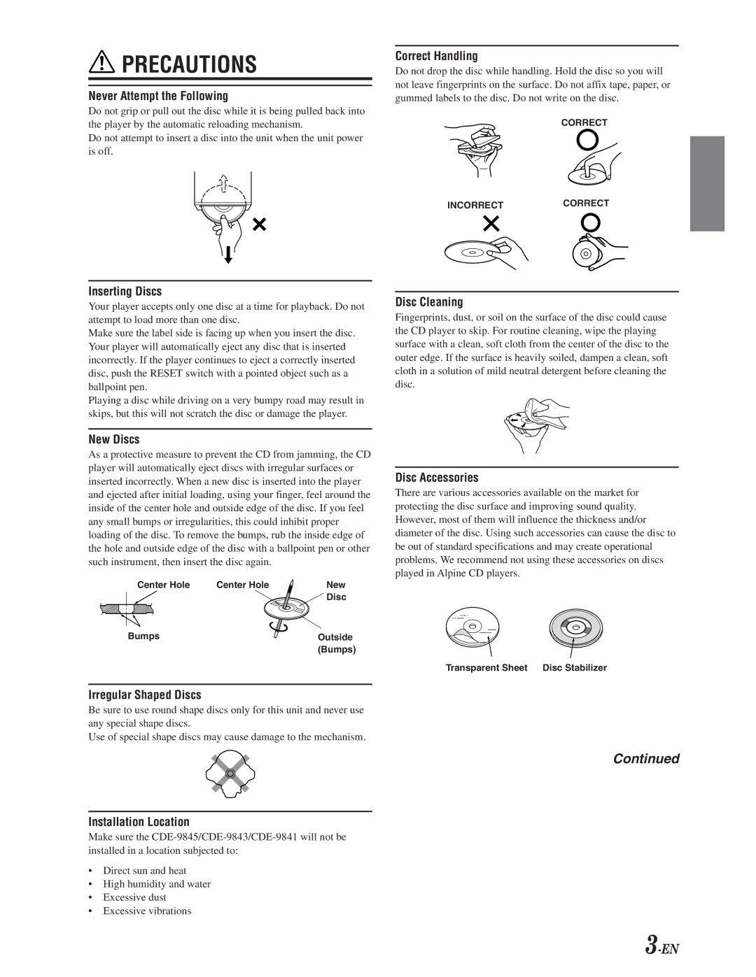 Alpine CDE-9841, CDE-9843, CDE-9845 owner manual Never Attempt the Following 