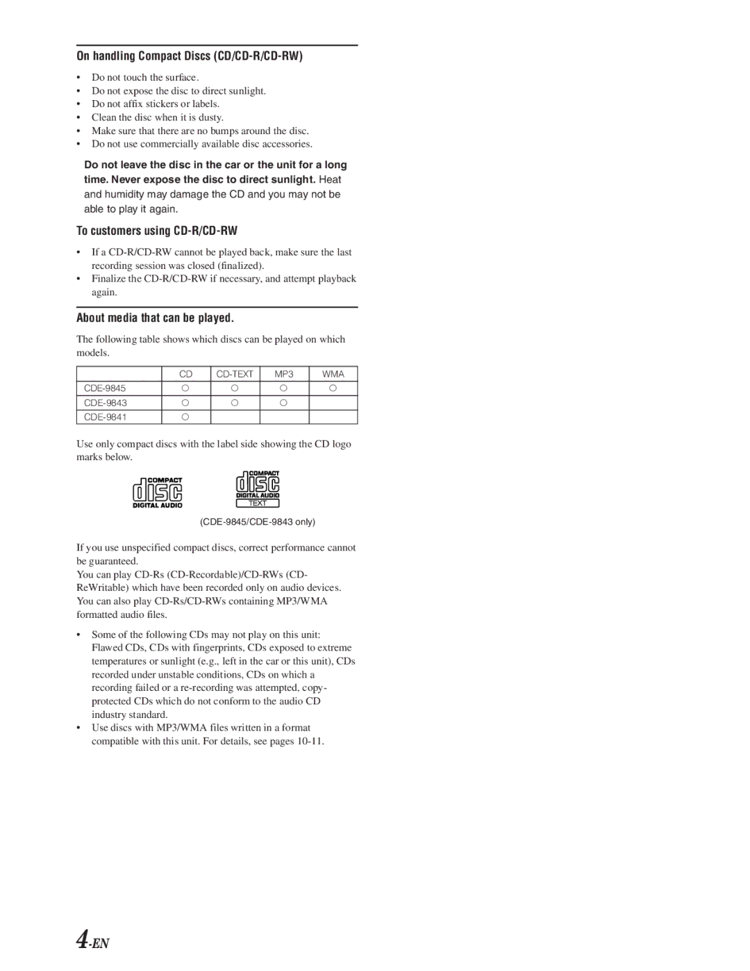 Alpine CDE-9845, CDE-9843, CDE-9841 owner manual On handling Compact Discs CD/CD-R/CD-RW 