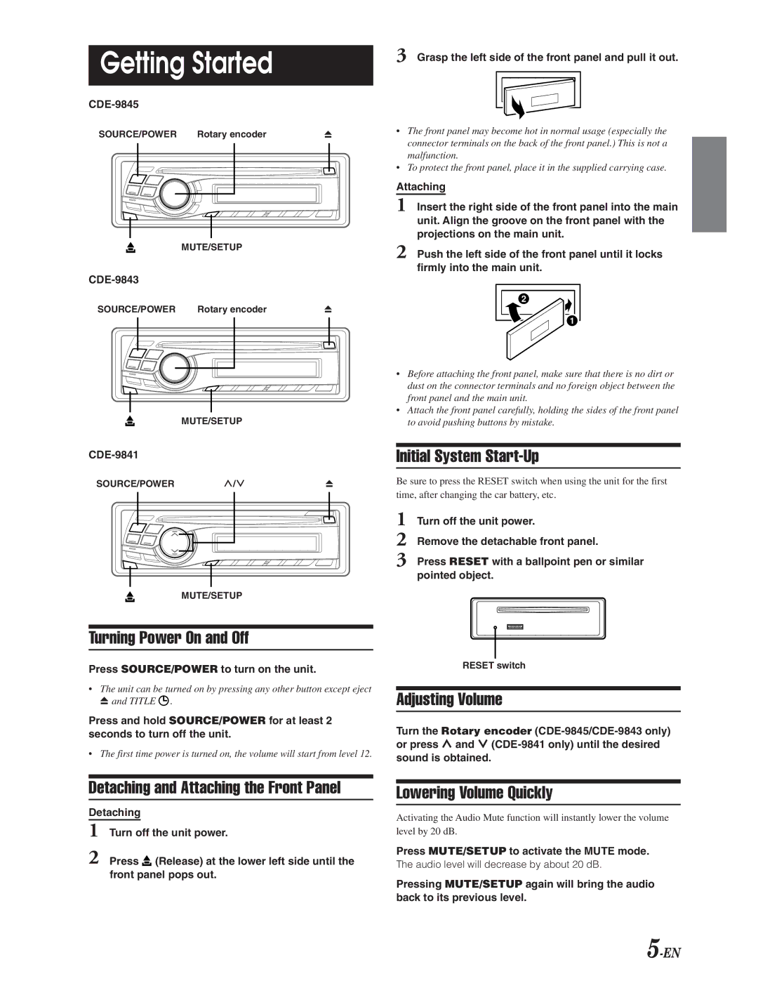 Alpine CDE-9843, CDE-9841, CDE-9845 Getting Started, Turning Power On and Off, Initial System Start-Up, Adjusting Volume 