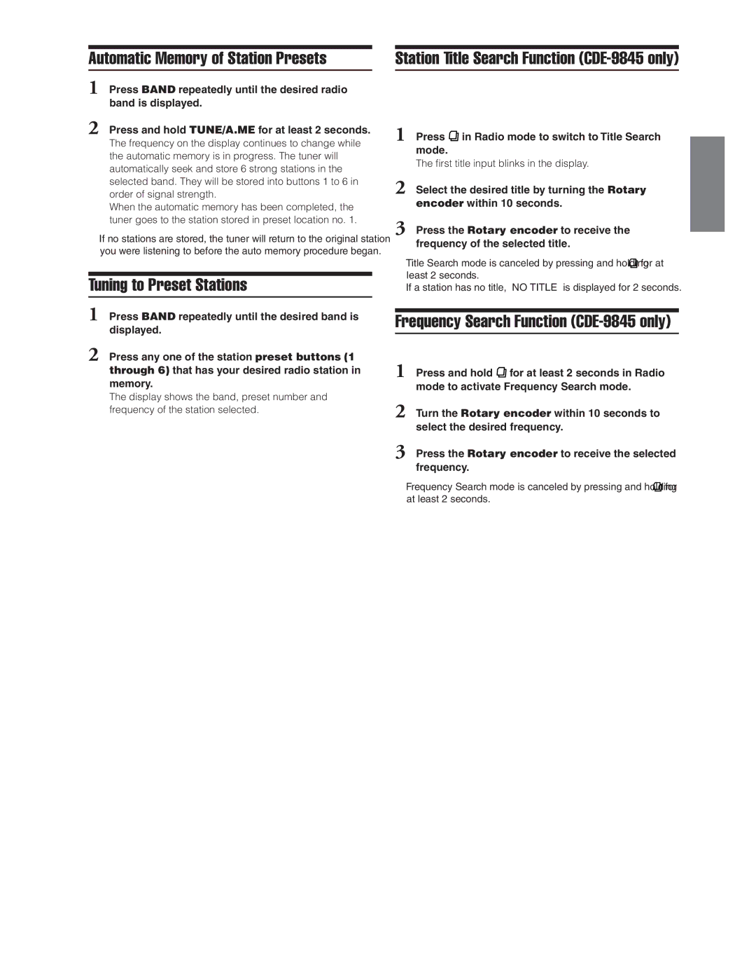 Alpine Automatic Memory of Station Presets, Tuning to Preset Stations, Frequency Search Function CDE-9845 only 