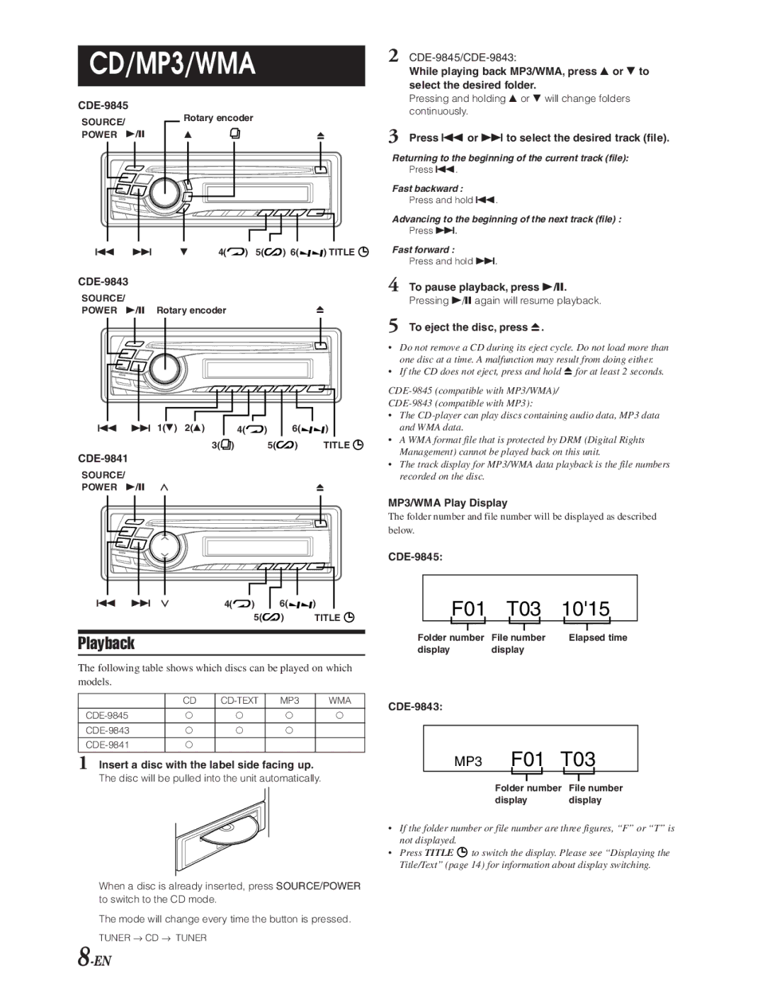 Alpine CDE-9843, CDE-9841, CDE-9845 owner manual Playback 