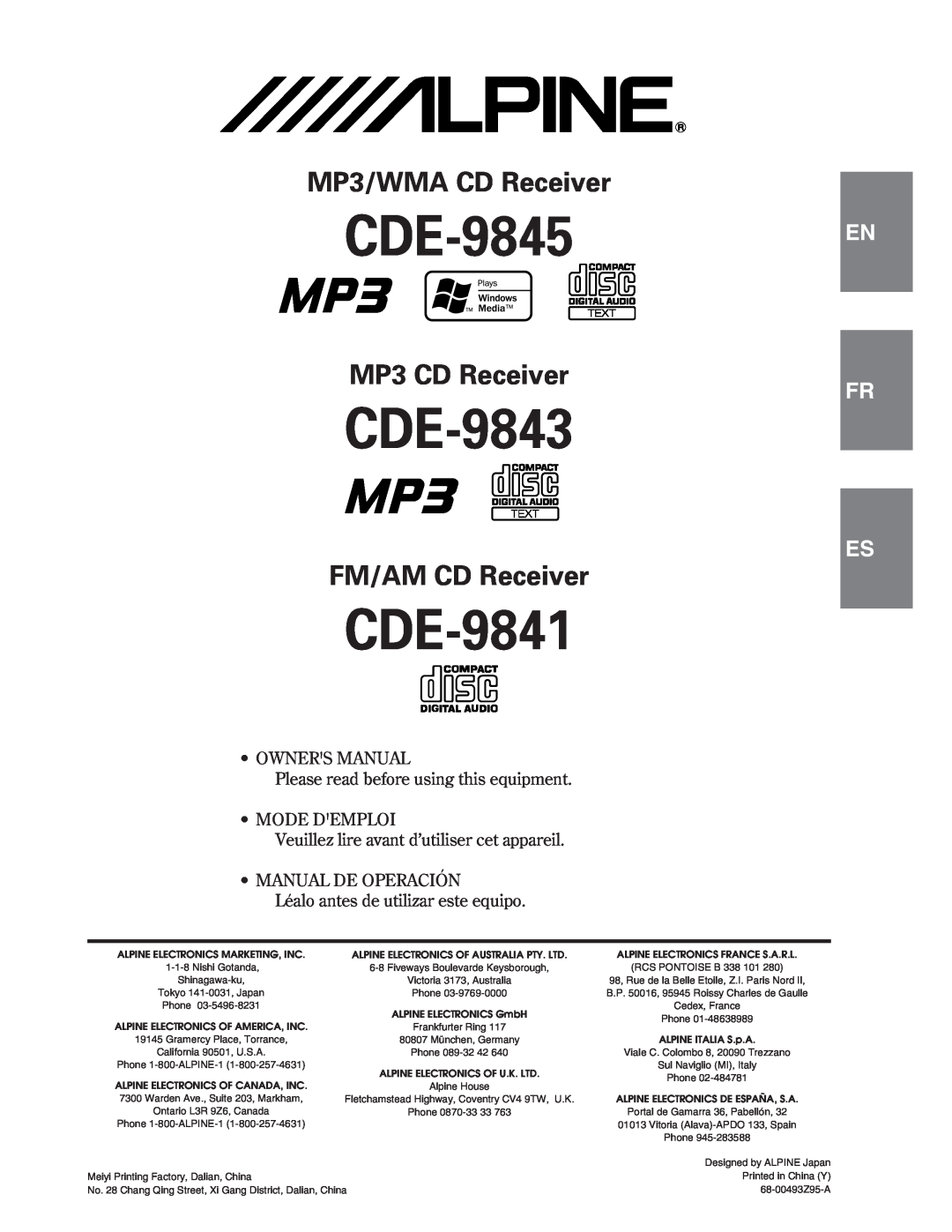 Alpine CDE-9841 owner manual CDE-9845, CDE-9843, MP3/WMA CD Receiver, MP3 CD Receiver, FM/AM CD Receiver, En Fr 