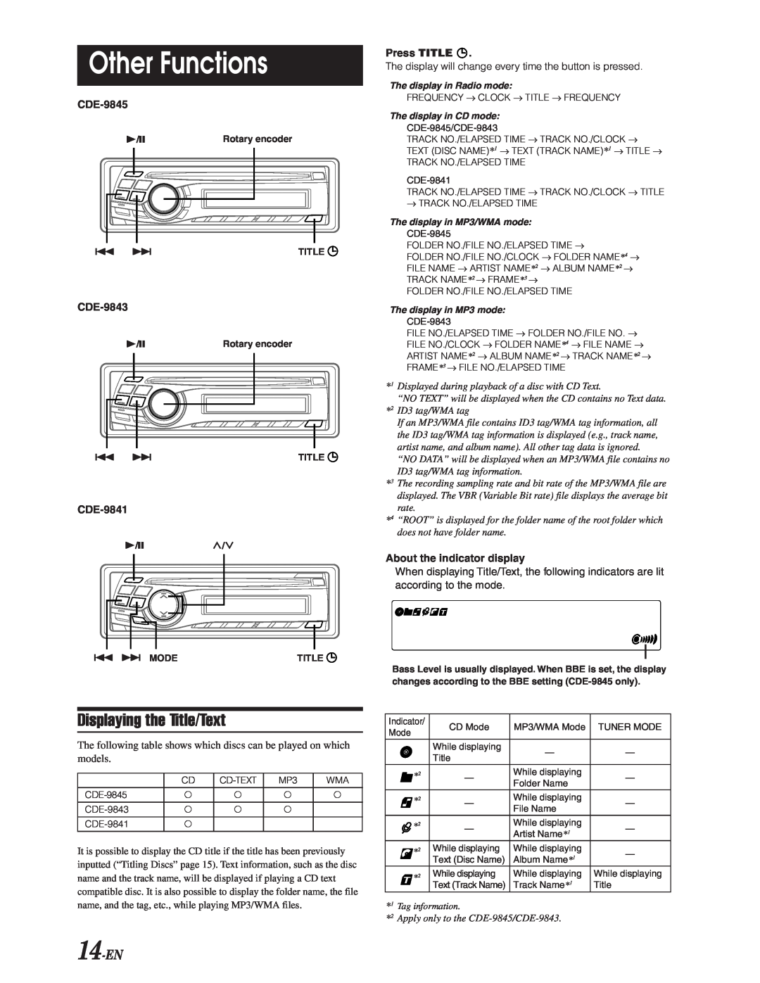 Alpine CDE-9843, CDE-9841, CDE-9845 owner manual Other Functions, Displaying the Title/Text, 14-EN 