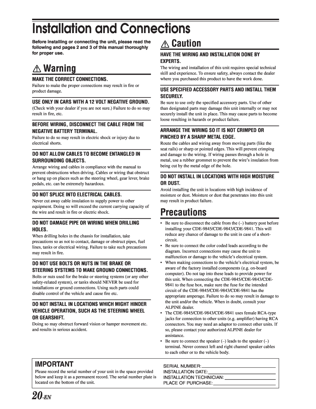 Alpine CDE-9843, CDE-9841, CDE-9845 owner manual Precautions, 20-EN, Installation and Connections 