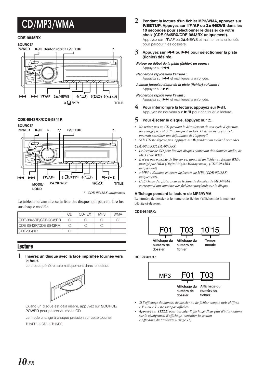 Alpine CDE-9843RM, CDE-9845RB, CDE-9845RR, CDE-9841R owner manual Lecture, 10-FR 