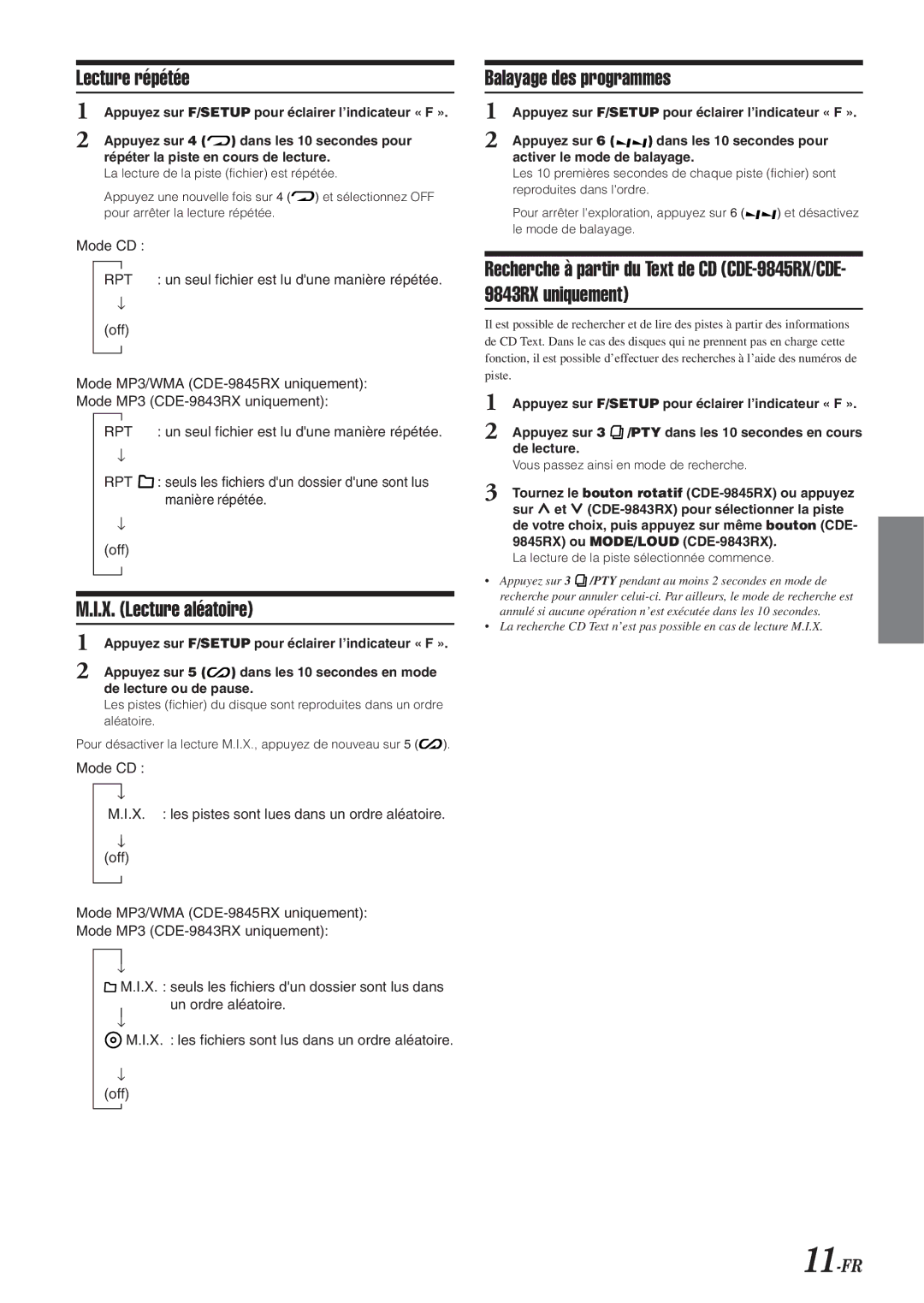 Alpine CDE-9845RR, CDE-9845RB, CDE-9843RM, CDE-9841R Lecture répétée, X. Lecture aléatoire, Balayage des programmes, 11-FR 