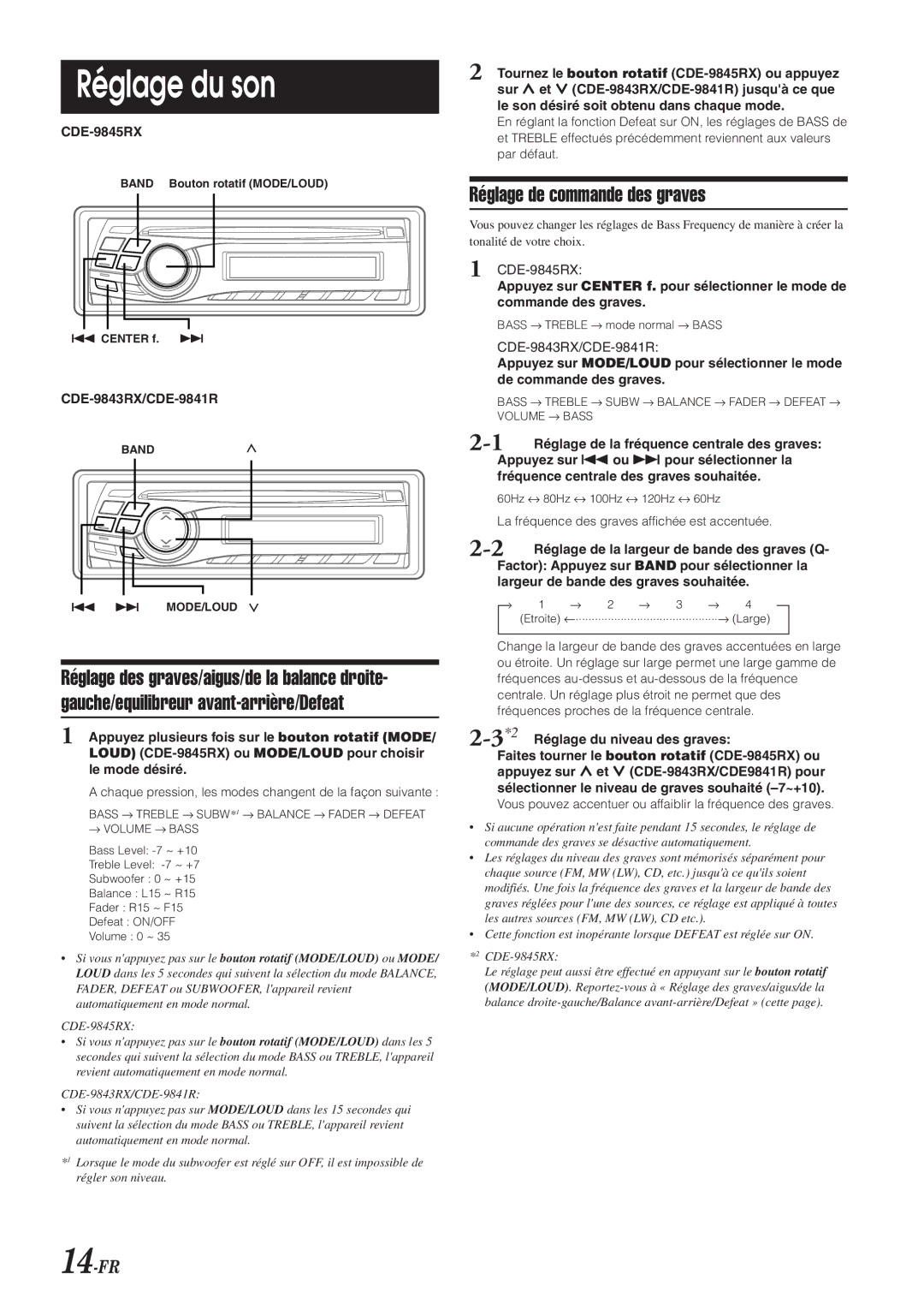Alpine CDE-9845RB, CDE-9843RM Réglage du son, Réglage de commande des graves, 14-FR, 2Réglage du niveau des graves 