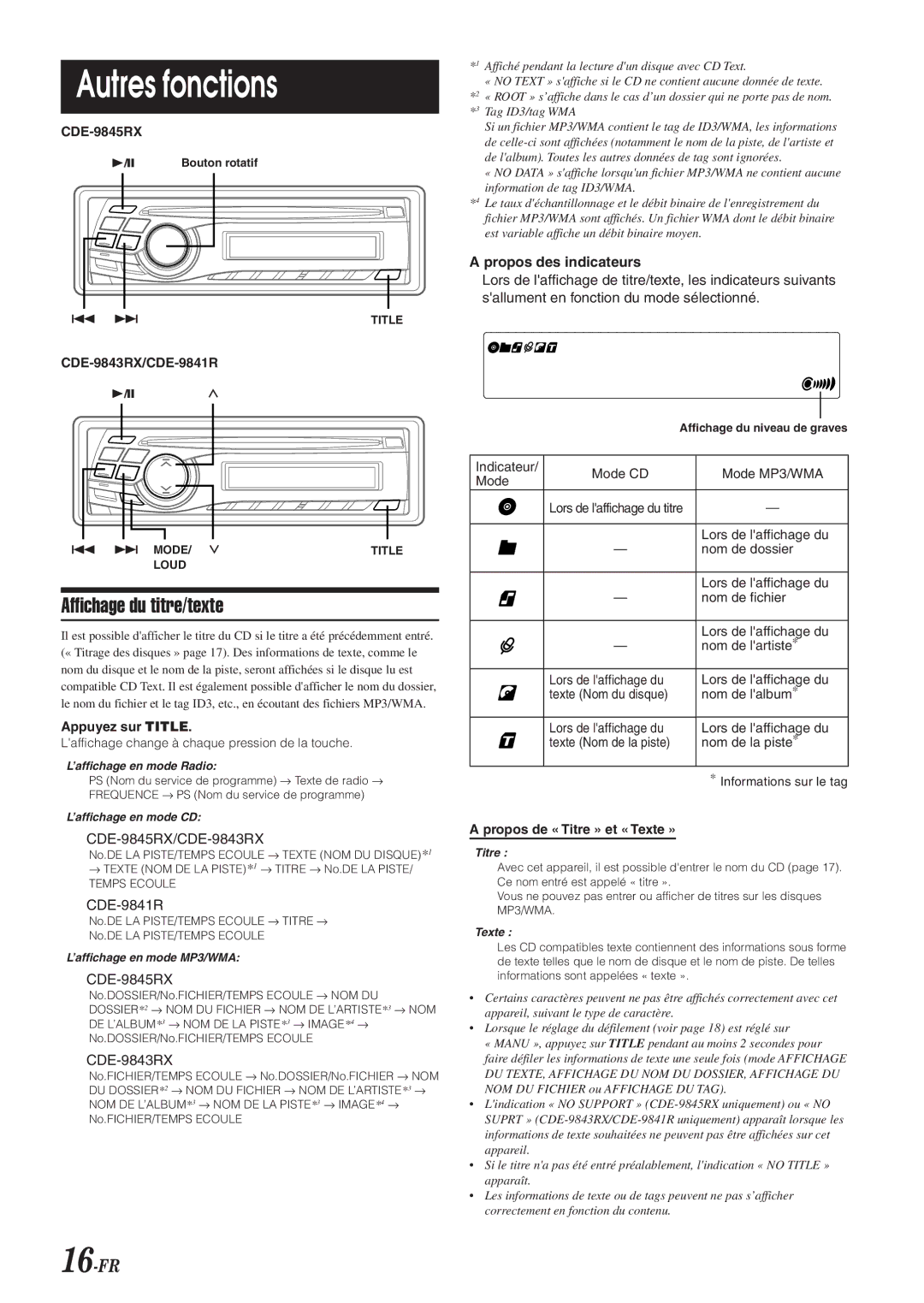 Alpine CDE-9845RR Autres fonctions, Affichage du titre/texte, 16-FR, Appuyez sur Title, Propos de « Titre » et « Texte » 