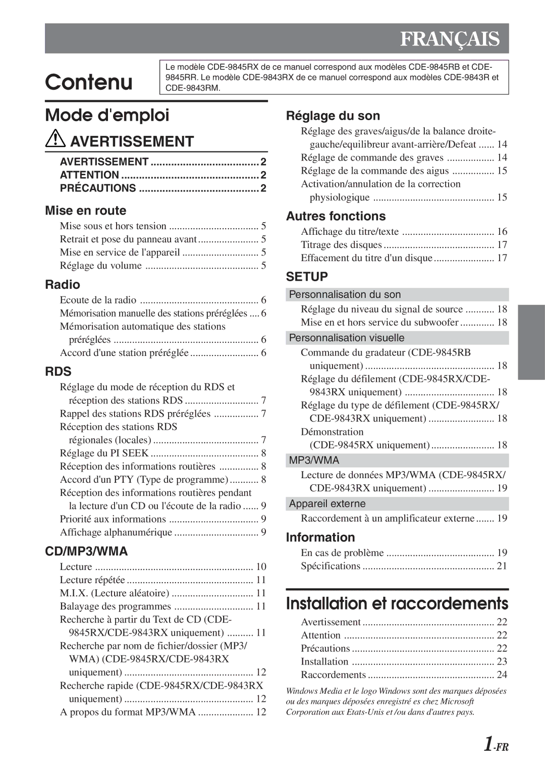 Alpine CDE-9845RR, CDE-9845RB, CDE-9843RM, CDE-9841R owner manual Contenu 