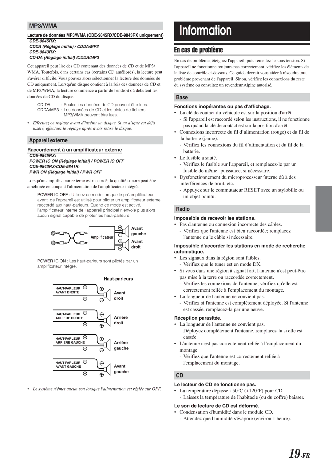 Alpine CDE-9845RB, CDE-9843RM, CDE-9845RR, CDE-9841R owner manual Information, En cas de problème, 19-FR 