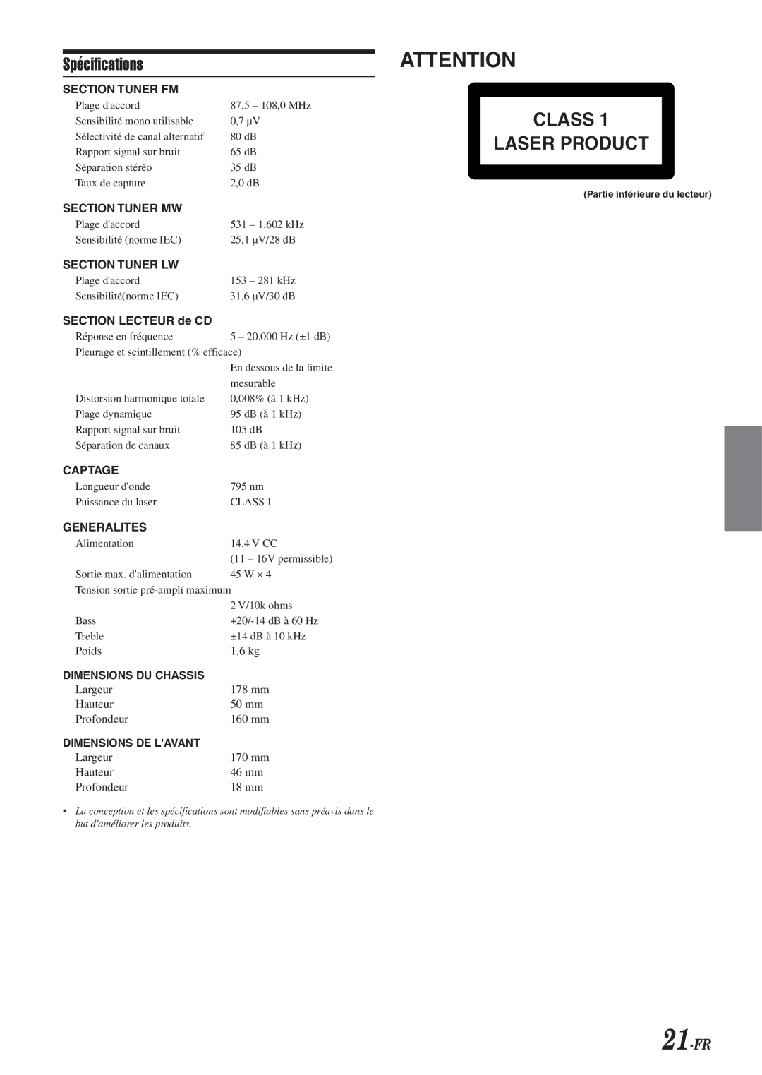 Alpine CDE-9845RR, CDE-9845RB, CDE-9843RM, CDE-9841R owner manual Spécifications, 21-FR 