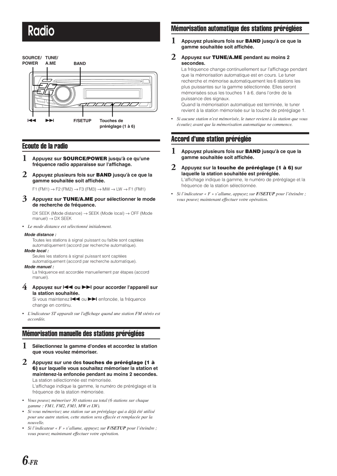 Alpine CDE-9845RR, CDE-9845RB, CDE-9843RM, CDE-9841R owner manual Radio, Ecoute de la radio, Accord dune station préréglée 