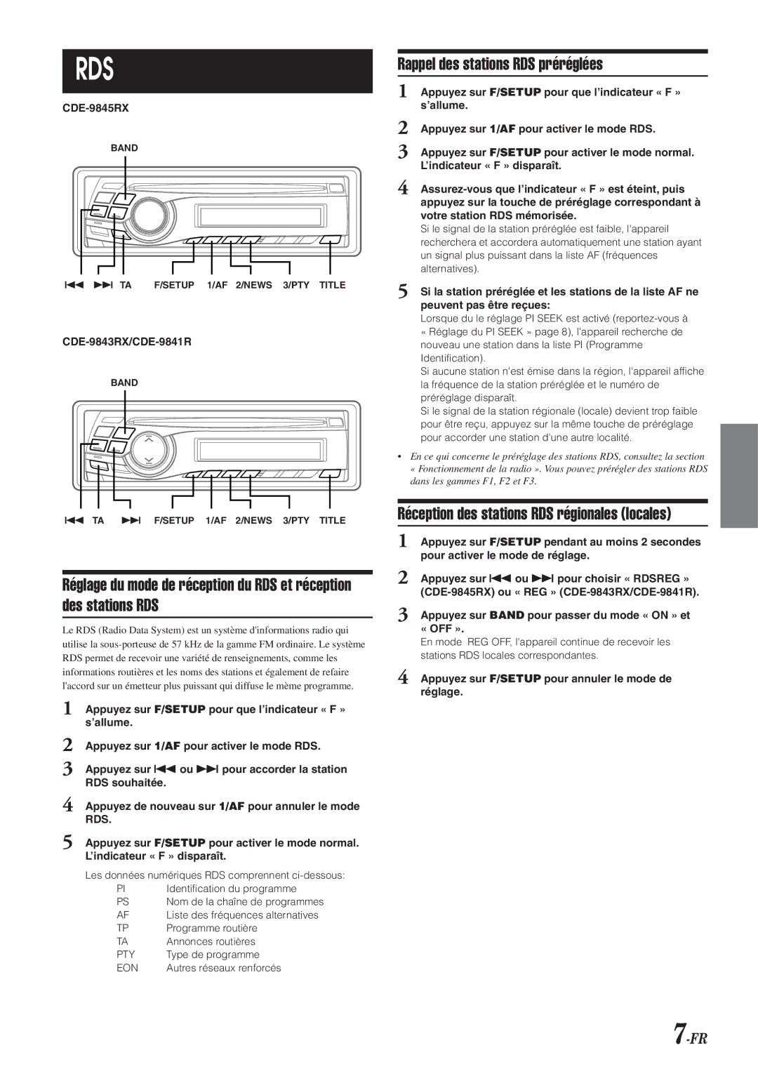 Alpine CDE-9845RB, CDE-9843RM, CDE-9845RR, CDE-9841R owner manual Rappel des stations RDS préréglées 