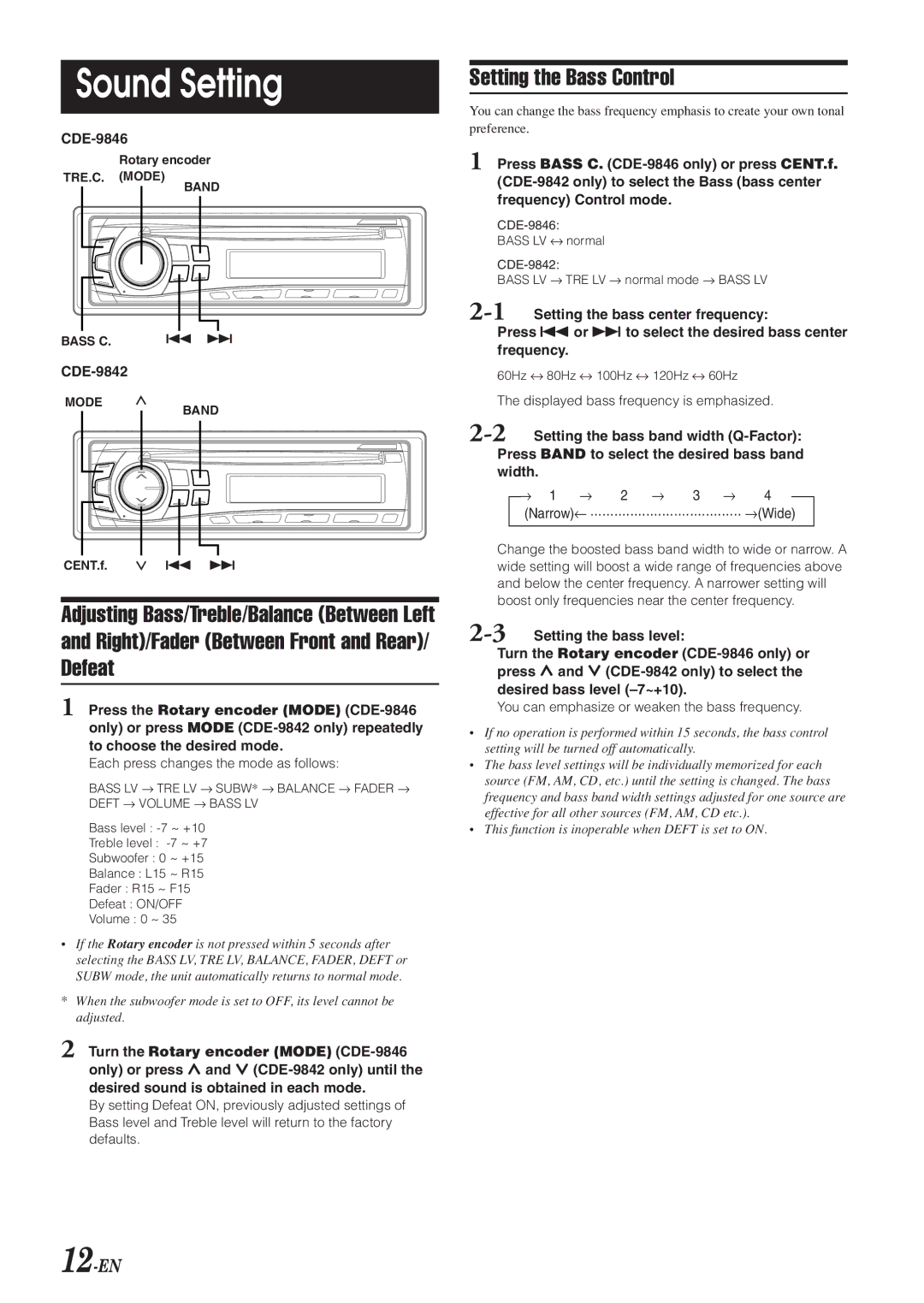 Alpine CDE-9846 owner manual Defeat, Setting the Bass Control, Right/Fader Between Front and Rear, 12-EN, Width 