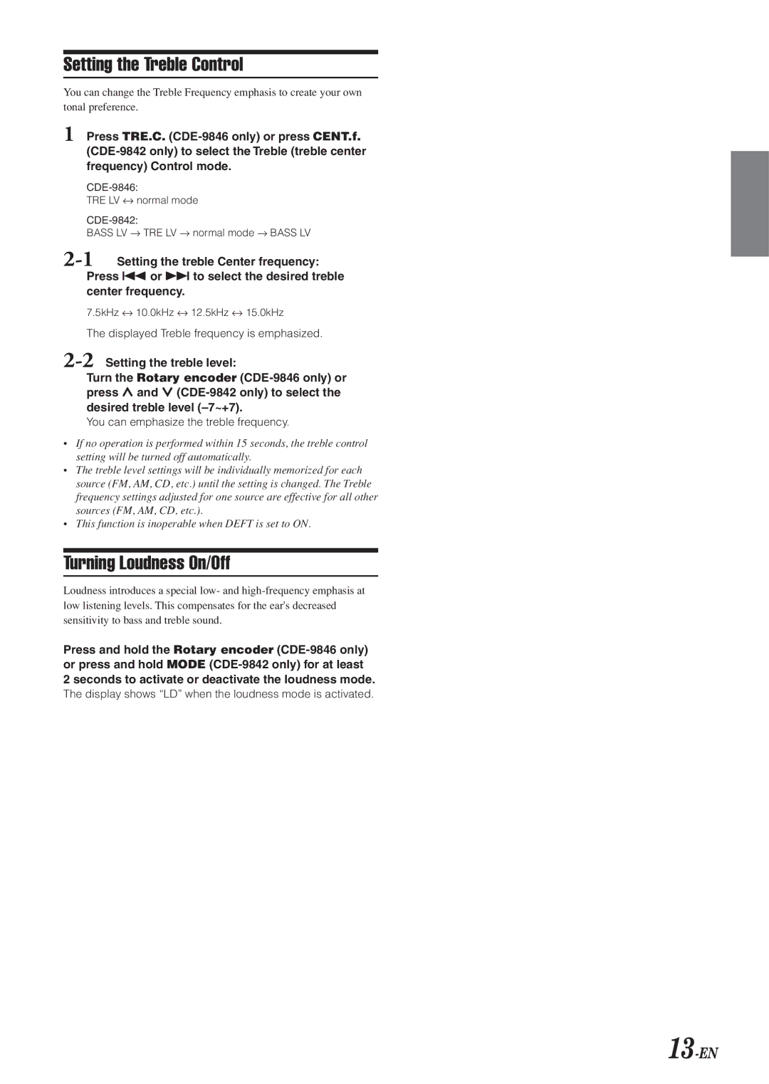 Alpine CDE-9846 owner manual Setting the Treble Control, Turning Loudness On/Off, 13-EN 