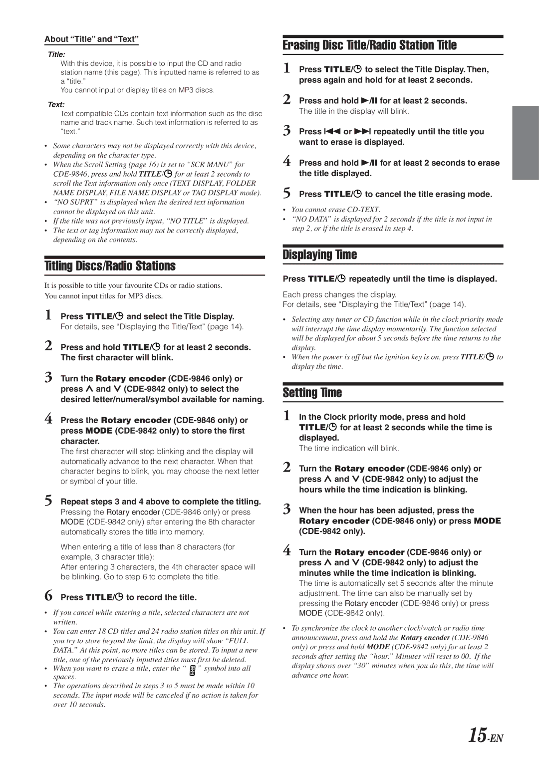 Alpine CDE-9846 Titling Discs/Radio Stations, Erasing Disc Title/Radio Station Title, Displaying Time, Setting Time, 15-EN 