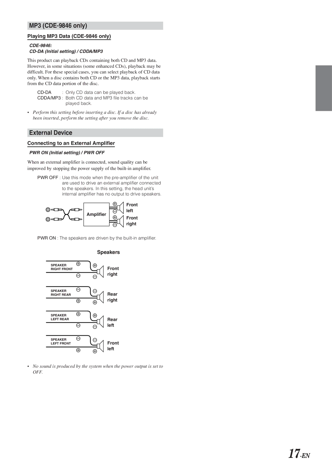 Alpine owner manual 17-EN, Playing MP3 Data CDE-9846 only, Connecting to an External Amplifier, Speakers 