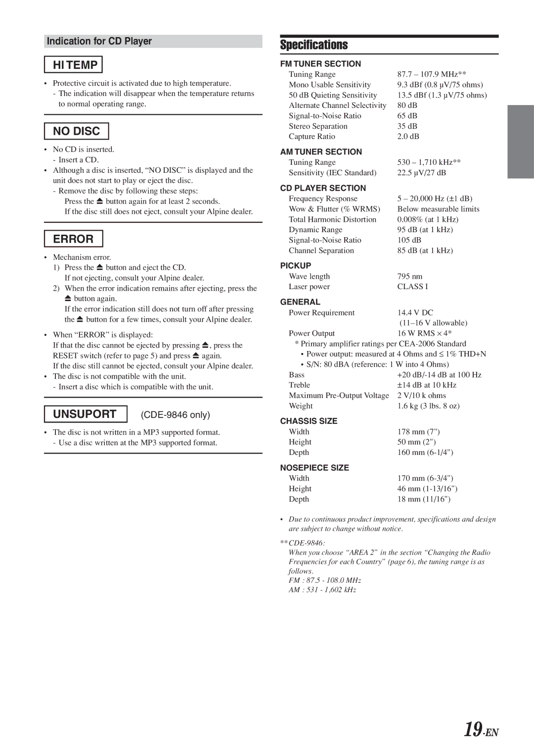 Alpine CDE-9846 owner manual Specifications, 19-EN 