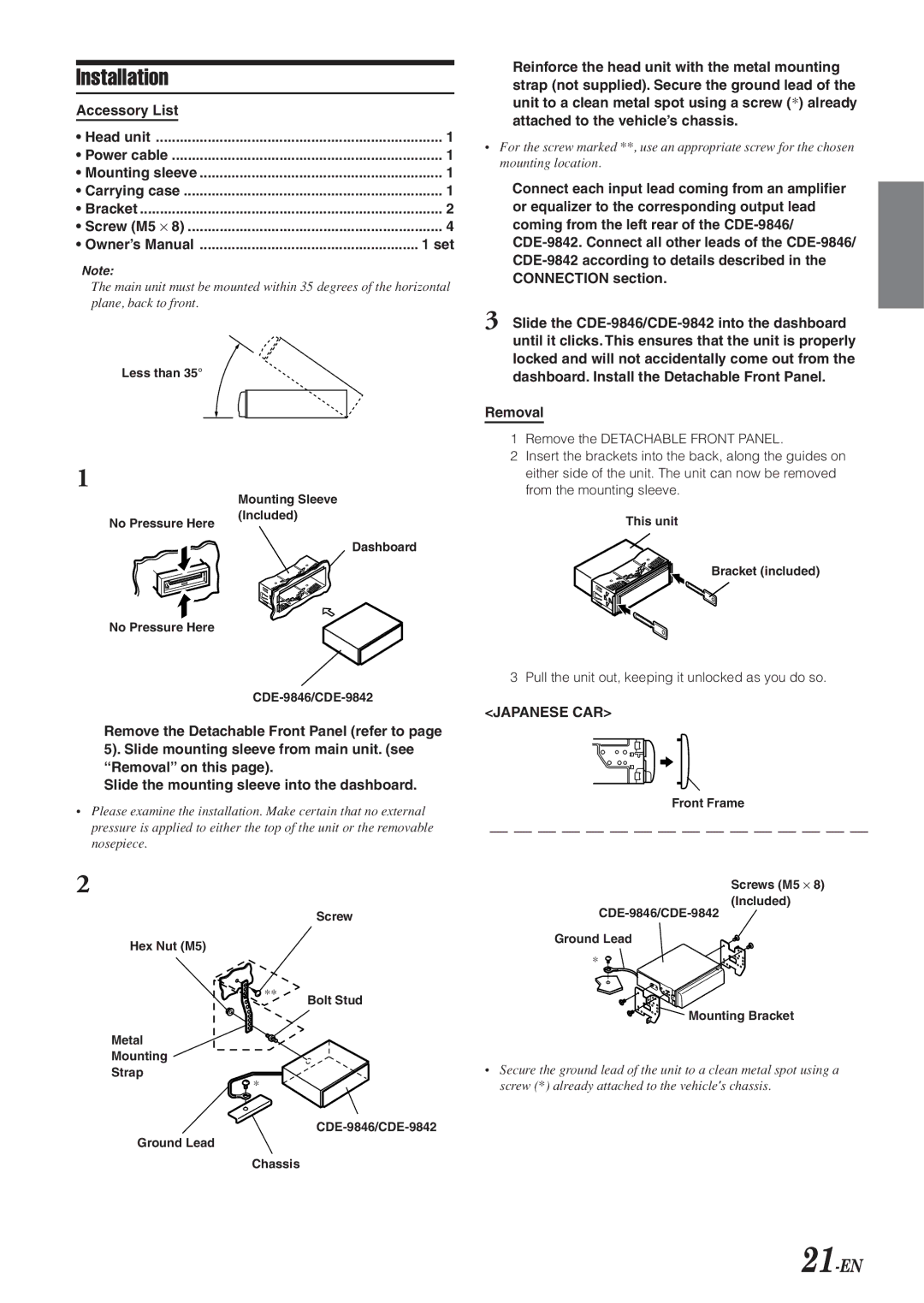 Alpine CDE-9846 owner manual 21-EN, Accessory List, Removal, Set, Pull the unit out, keeping it unlocked as you do so 