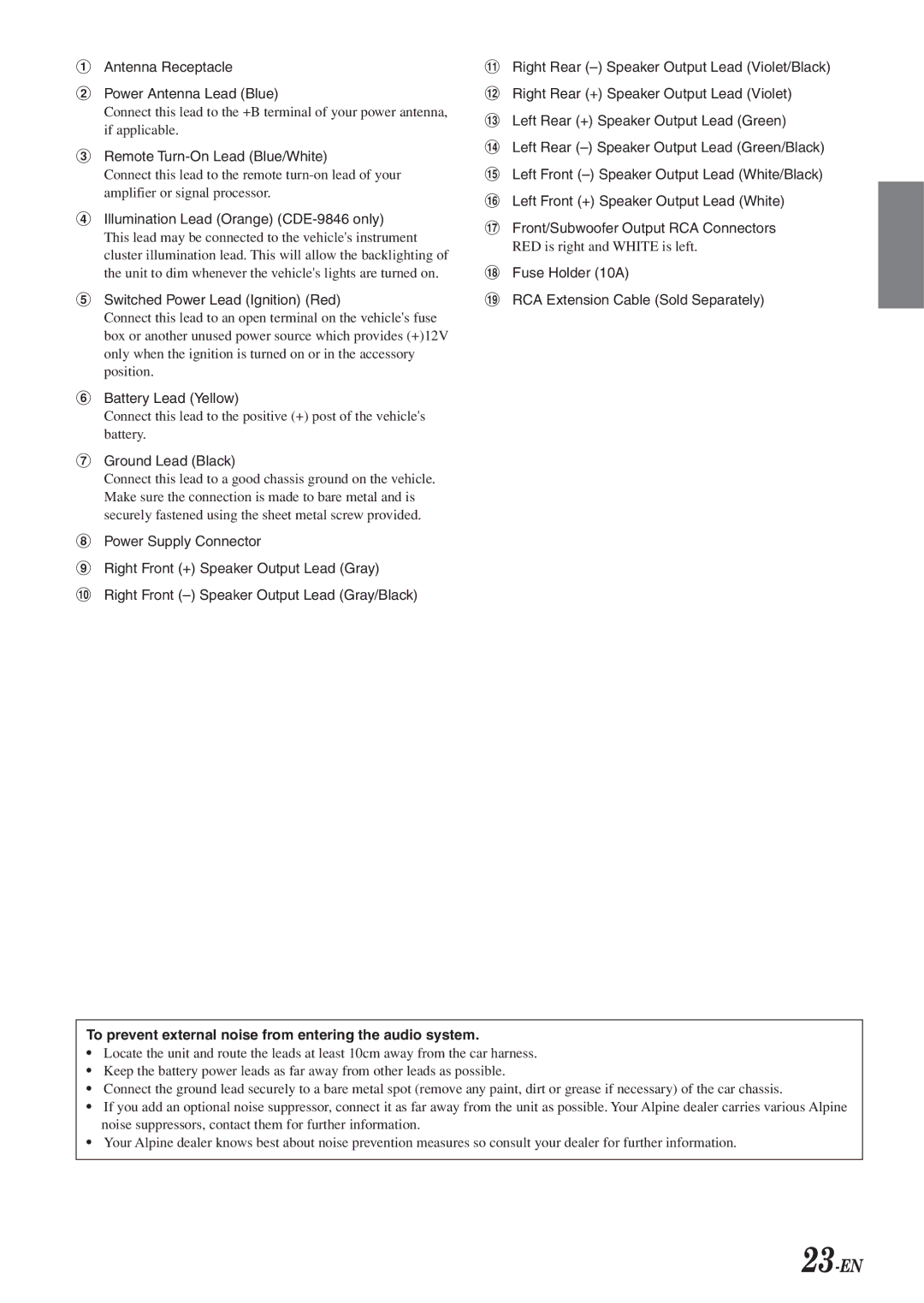 Alpine CDE-9846 owner manual 23-EN, To prevent external noise from entering the audio system 