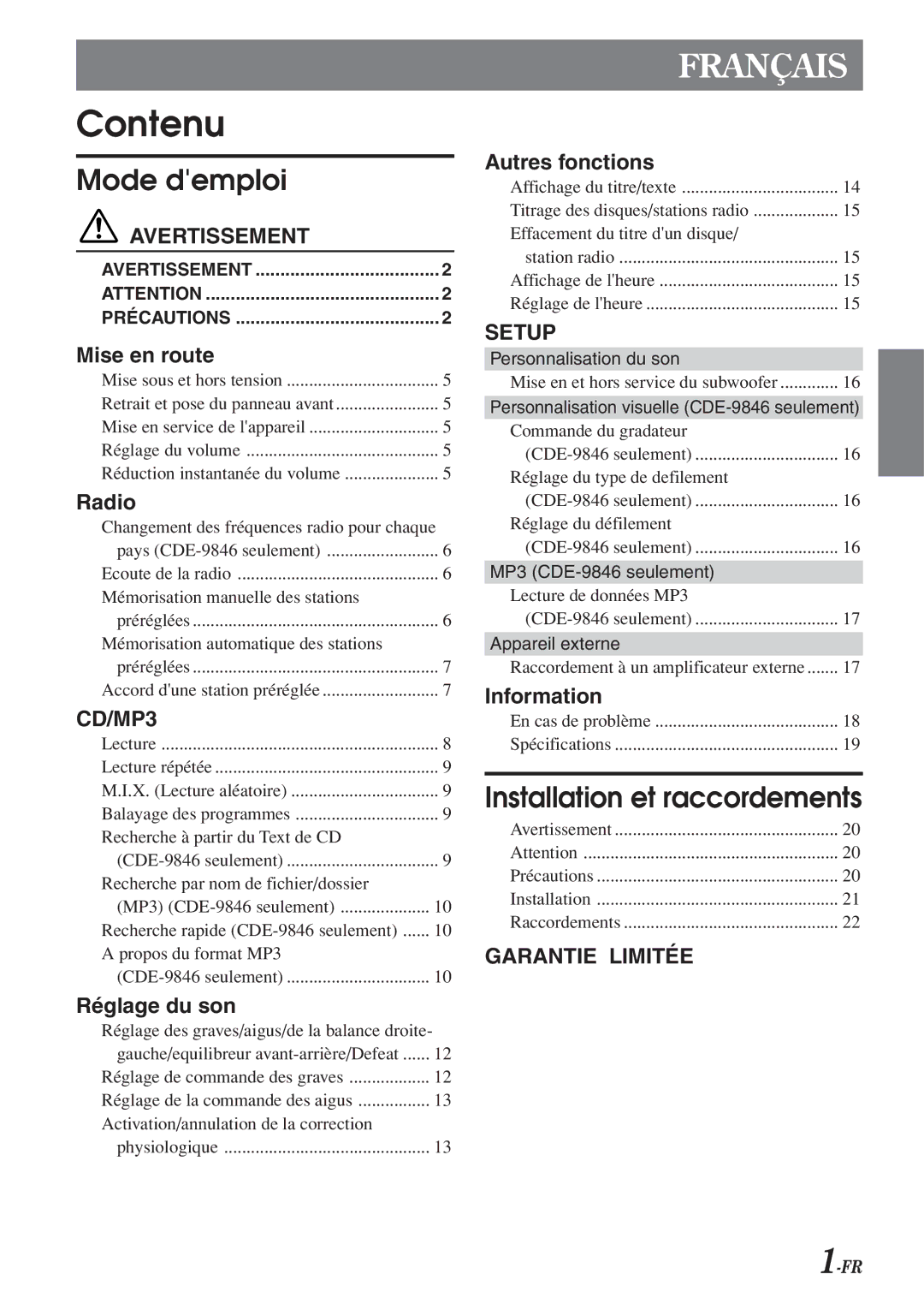 Alpine CDE-9846 owner manual Contenu 