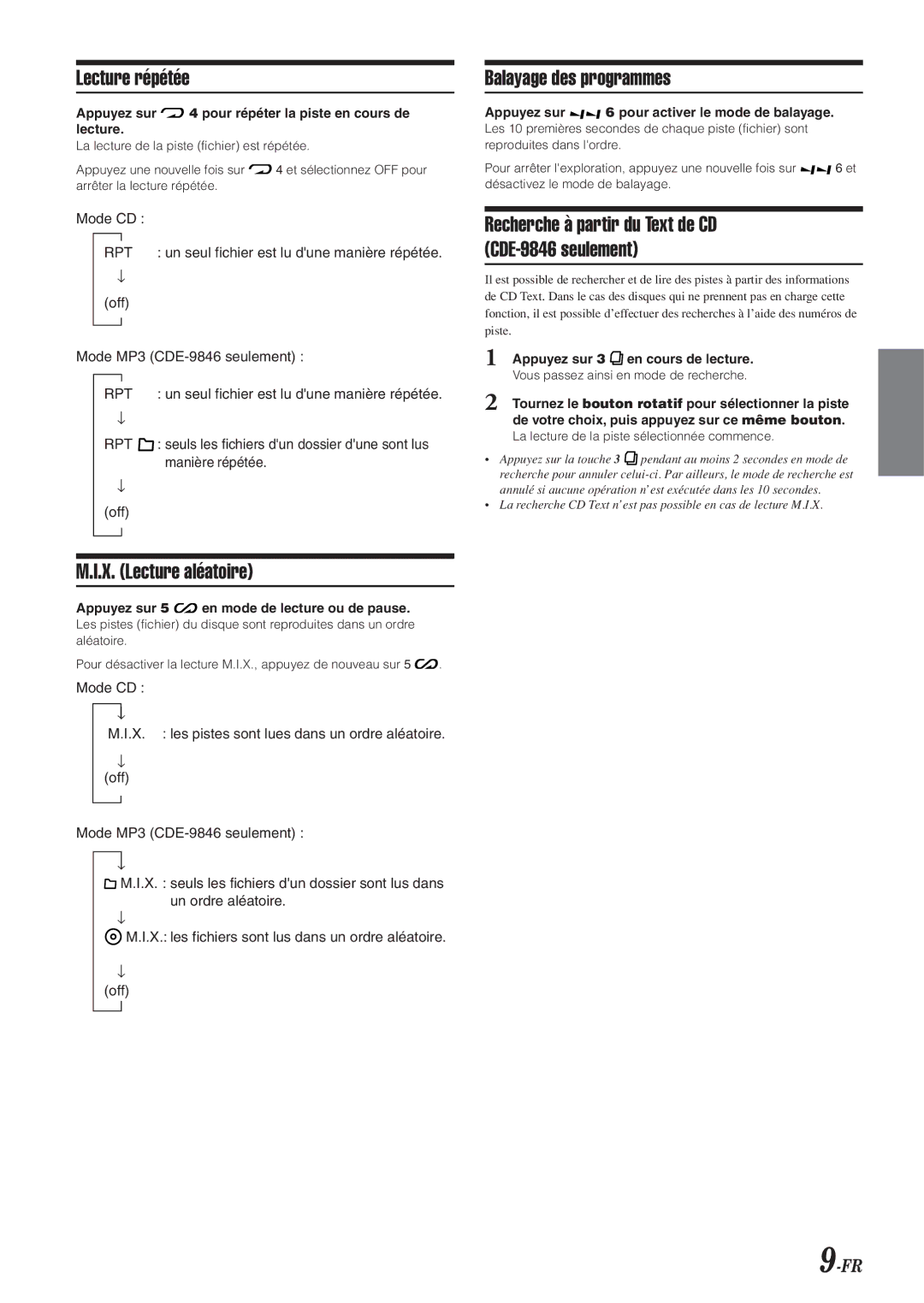 Alpine CDE-9846 owner manual Lecture répétée, X. Lecture aléatoire, Balayage des programmes 