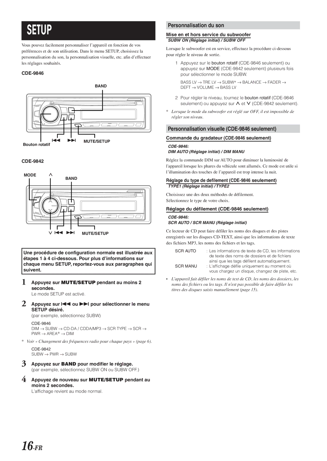 Alpine owner manual 16-FR, Personnalisation du son, Personnalisation visuelle CDE-9846 seulement 