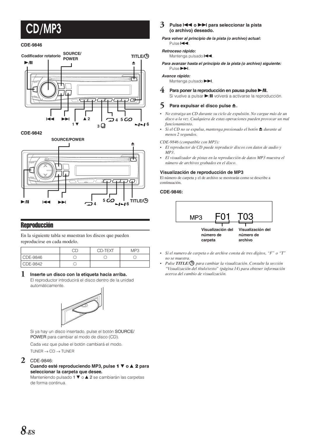 Alpine CDE-9846 owner manual Reproducción 